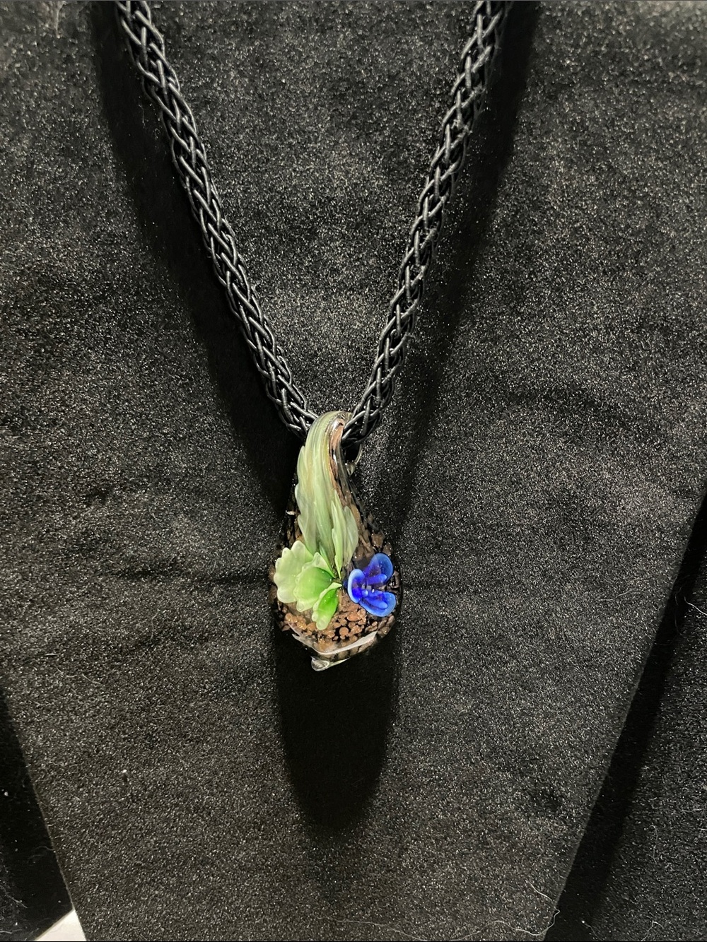 Handcrafted Glass Pendant Necklace with Blue & Green Floral Accent.  M’s